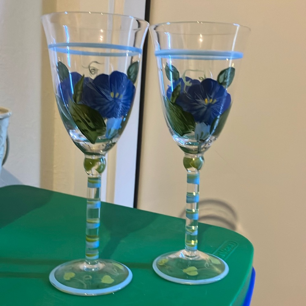 Two Hand Painted Wine Glasses From Steinmart 8 1/2” Tall